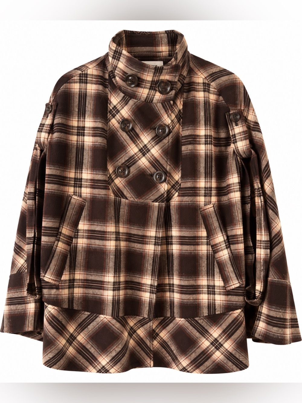 LOFT Brown and Cream Plaid Double-Breasted Cape Coat